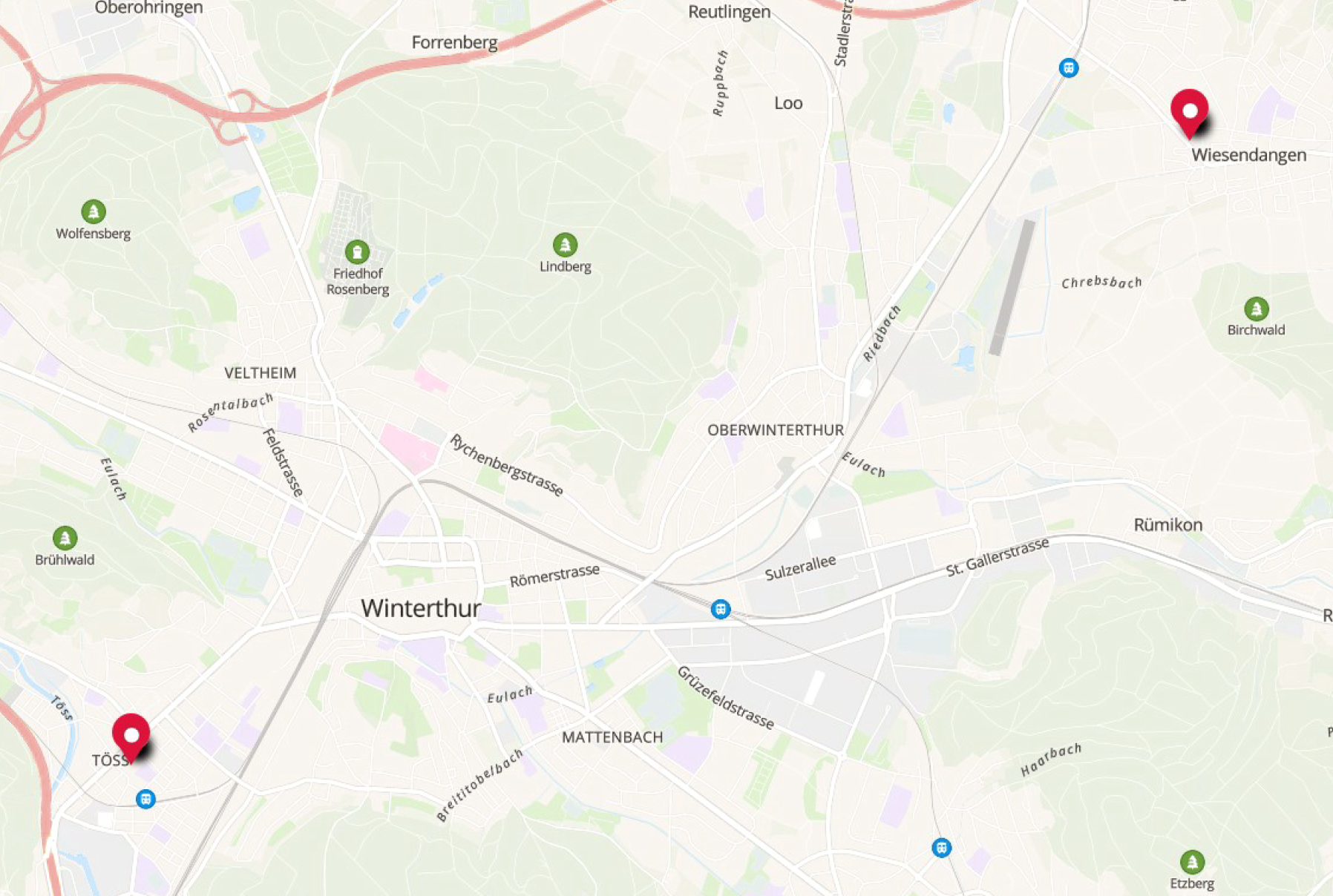 Karte mit den Kursorten in Winterthur-Töss und Wiesendangen